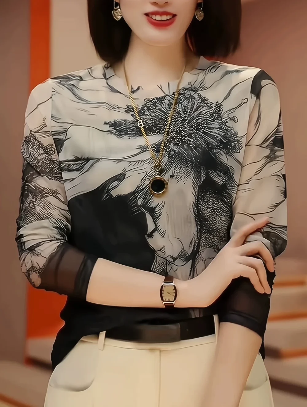 Áo lưới ren thanh lịch dành cho nữ, dáng chữ A, tay dài, xuân/thu, họa tiết hoa, co giãn, cao cấp, sang trọng, hợp thời trang - Hình ảnh 4