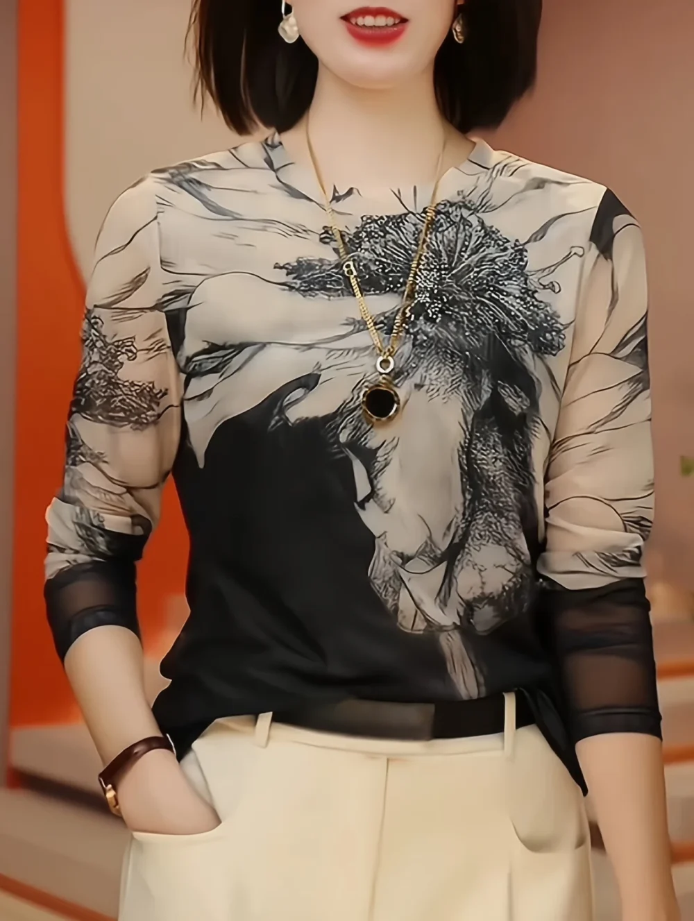 Áo lưới ren thanh lịch dành cho nữ, dáng chữ A, tay dài, xuân/thu, họa tiết hoa, co giãn, cao cấp, sang trọng, hợp thời trang - Hình ảnh 2