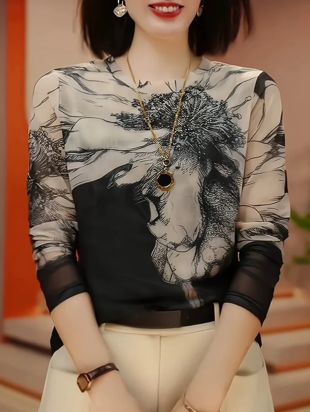 Áo lưới ren thanh lịch dành cho nữ, dáng chữ A, tay dài, xuân/thu, họa tiết hoa, co giãn, cao cấp, sang trọng, hợp thời trang - Hình ảnh 5