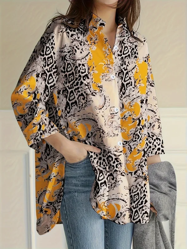 Áo sơ mi dài tay in họa tiết nhiệt đới dáng rộng thanh lịch dành cho nữ - Polyester nhẹ, có thể giặt bằng máy, có cổ, lý tưởng cho trang phục đi nghỉ và thường ngày - M