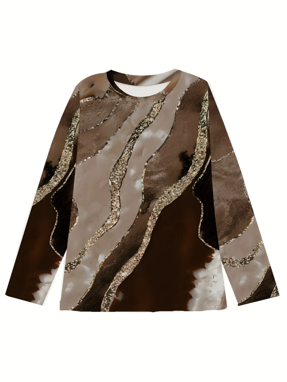 Áo thun tay dài họa tiết đá cẩm thạch thanh lịch dành cho nữ - Vải dệt kim polyester, cổ tròn, kiểu chui đầu, dáng vừa vặn cho mùa xuân/hè/thu - Hình ảnh 3