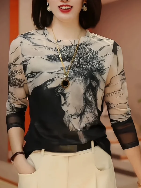 Áo lưới ren thanh lịch dành cho nữ, dáng chữ A, tay dài, xuân/thu, họa tiết hoa, co giãn, cao cấp, sang trọng, hợp thời trang - L
