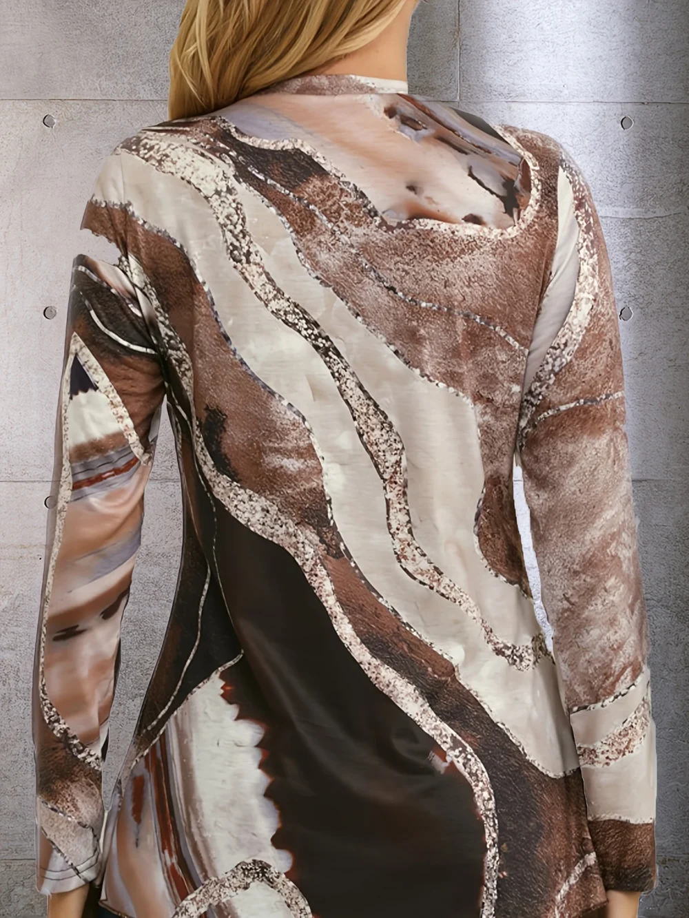 Áo thun tay dài họa tiết đá cẩm thạch thanh lịch dành cho nữ - Vải dệt kim polyester, cổ tròn, kiểu chui đầu, dáng vừa vặn cho mùa xuân/hè/thu - Hình ảnh 2