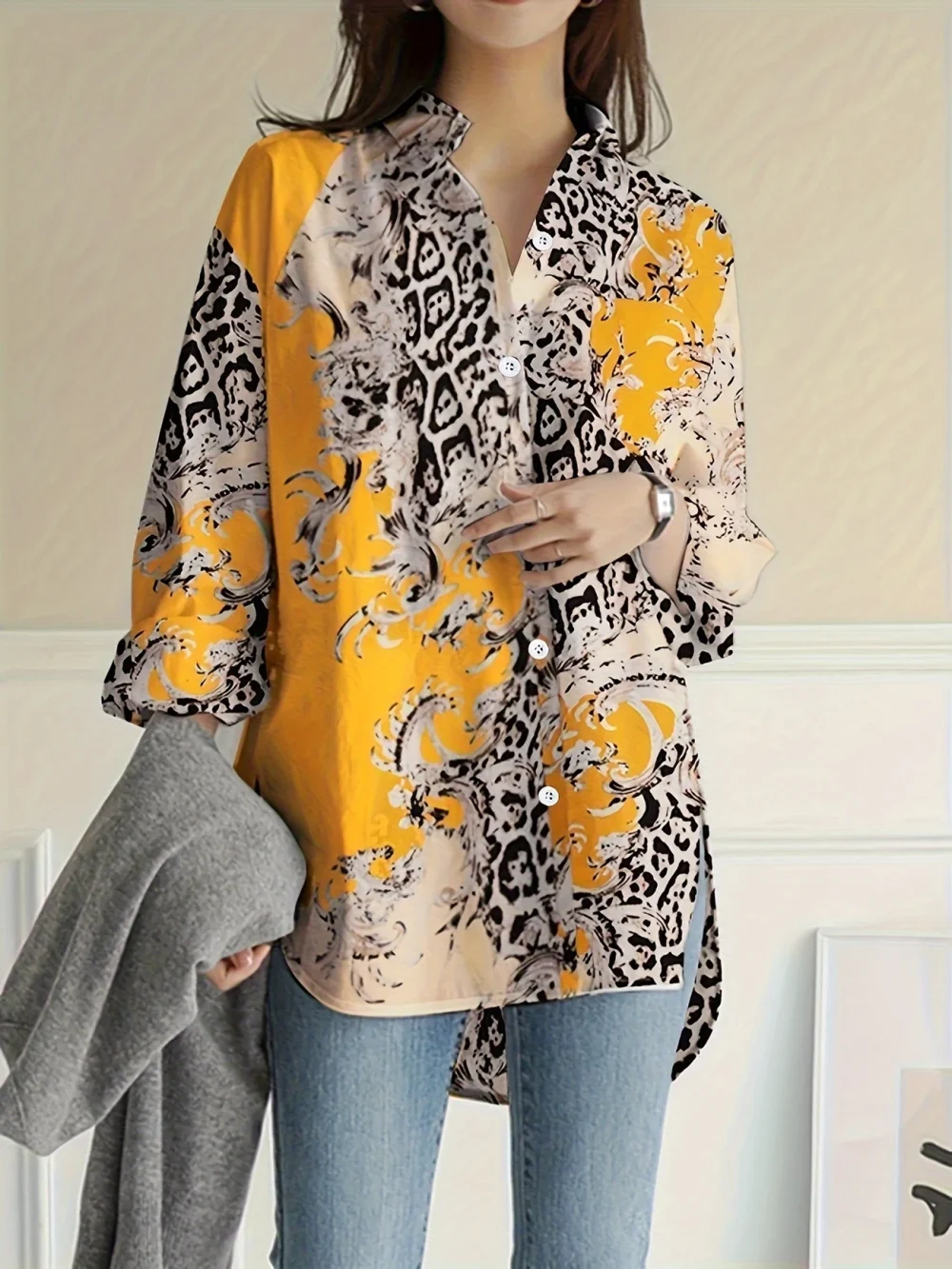 Áo sơ mi dài tay in họa tiết nhiệt đới dáng rộng thanh lịch dành cho nữ - Polyester nhẹ, có thể giặt bằng máy, có cổ, lý tưởng cho trang phục đi nghỉ và thường ngày - Hình ảnh 2