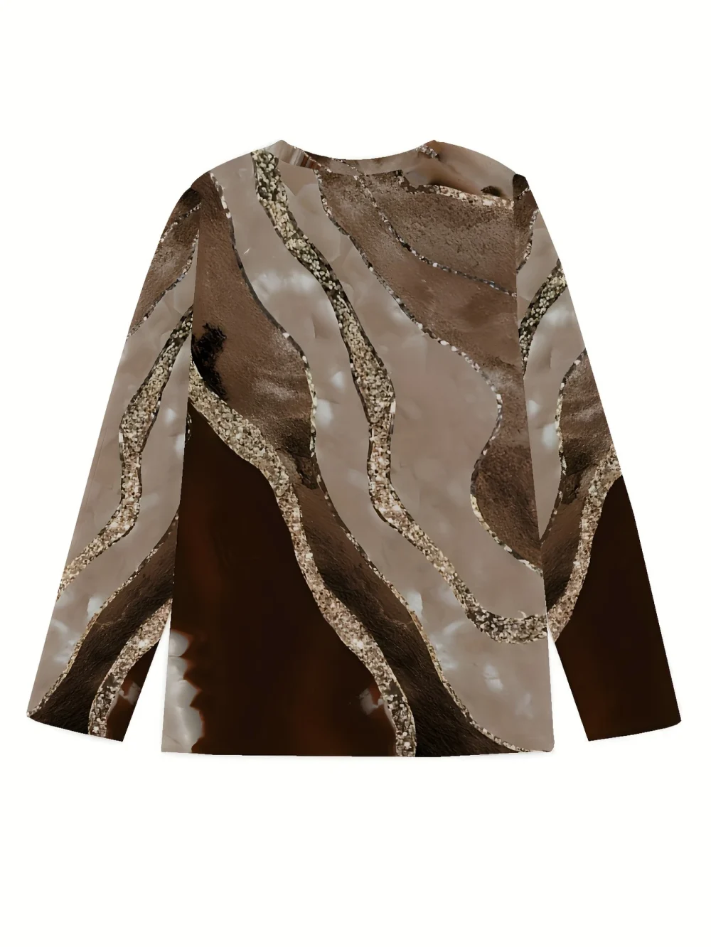 Áo thun tay dài họa tiết đá cẩm thạch thanh lịch dành cho nữ - Vải dệt kim polyester, cổ tròn, kiểu chui đầu, dáng vừa vặn cho mùa xuân/hè/thu - Hình ảnh 4