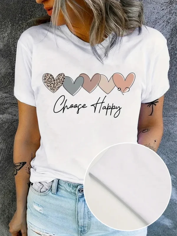 Women's T-shirt, Love Print Pattern, Choose Happy Letter Print, Casual Round Neck Short Sleeved Top - M