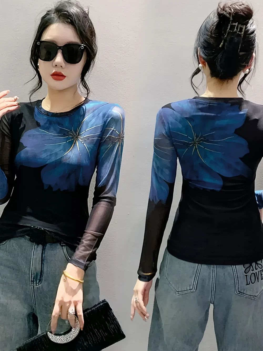 Ethereal Touch, Áo thun dài tay họa tiết hoa thanh lịch dành cho nữ - Chi tiết lưới hai lớp sang trọng, Cổ tròn, Vải co giãn, Có thể giặt bằng máy - Hình ảnh 5