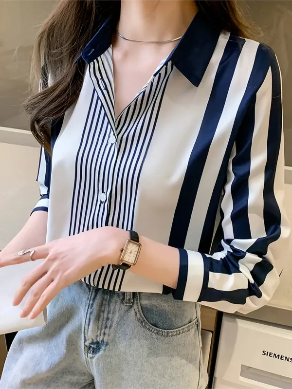 Áo dài tay kẻ sọc thanh lịch dành cho nữ - Kiểu dáng rộng rãi, thời trang thiết kế, Polyester, có thể giặt bằng máy - Hoàn hảo cho mùa xuân và mùa thu - L