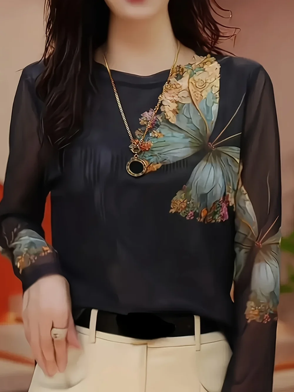 Áo vải tuyn in hình bướm thanh lịch dành cho nữ - Tay dài, cổ tròn, vải co giãn cao, hoàn hảo cho mùa xuân và mùa thu - Hình ảnh 2