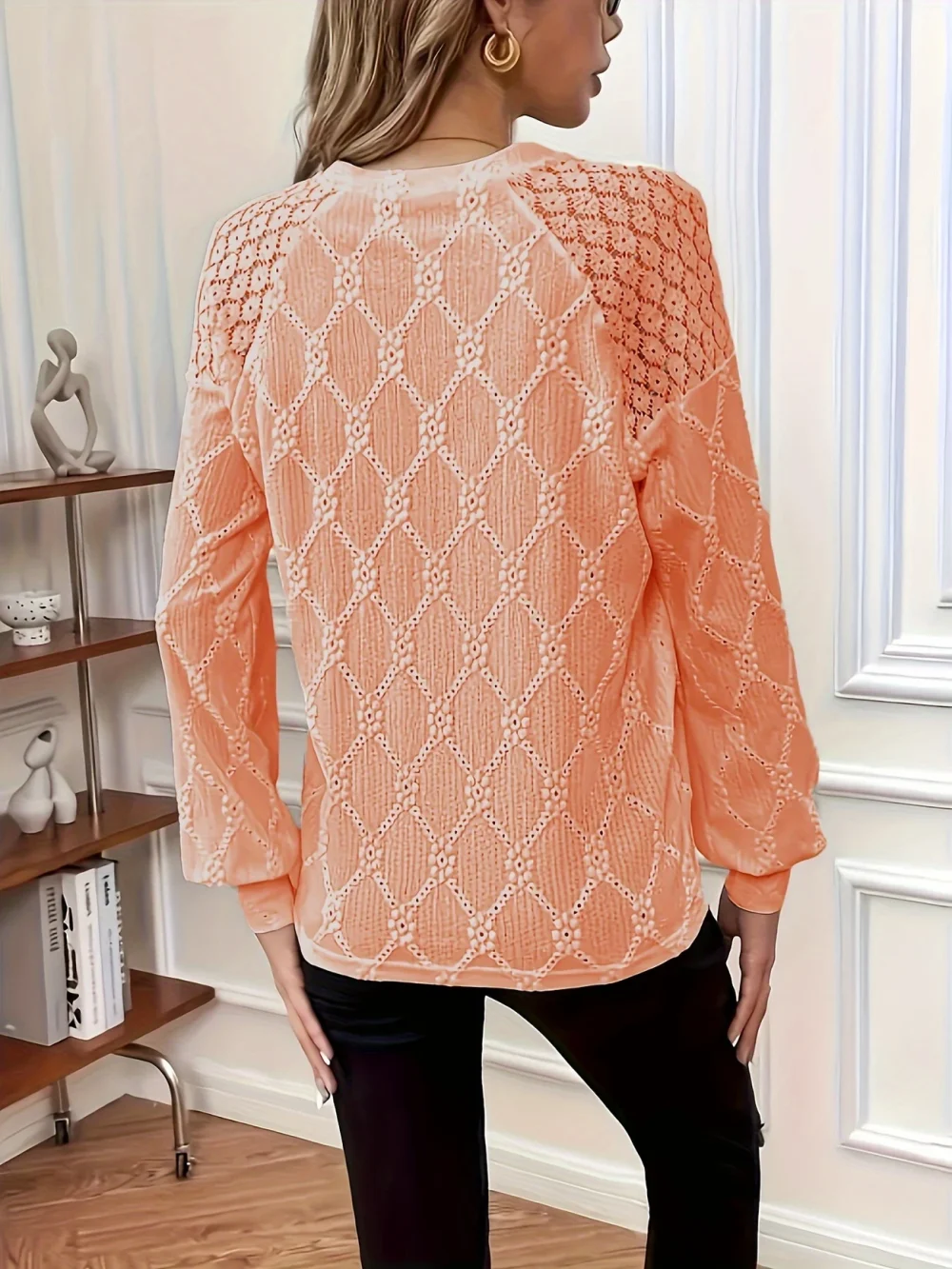 Áo ren trơn khâu lỗ, Áo cổ tròn tay loe thanh lịch, Quần áo nữ - Hình ảnh 3