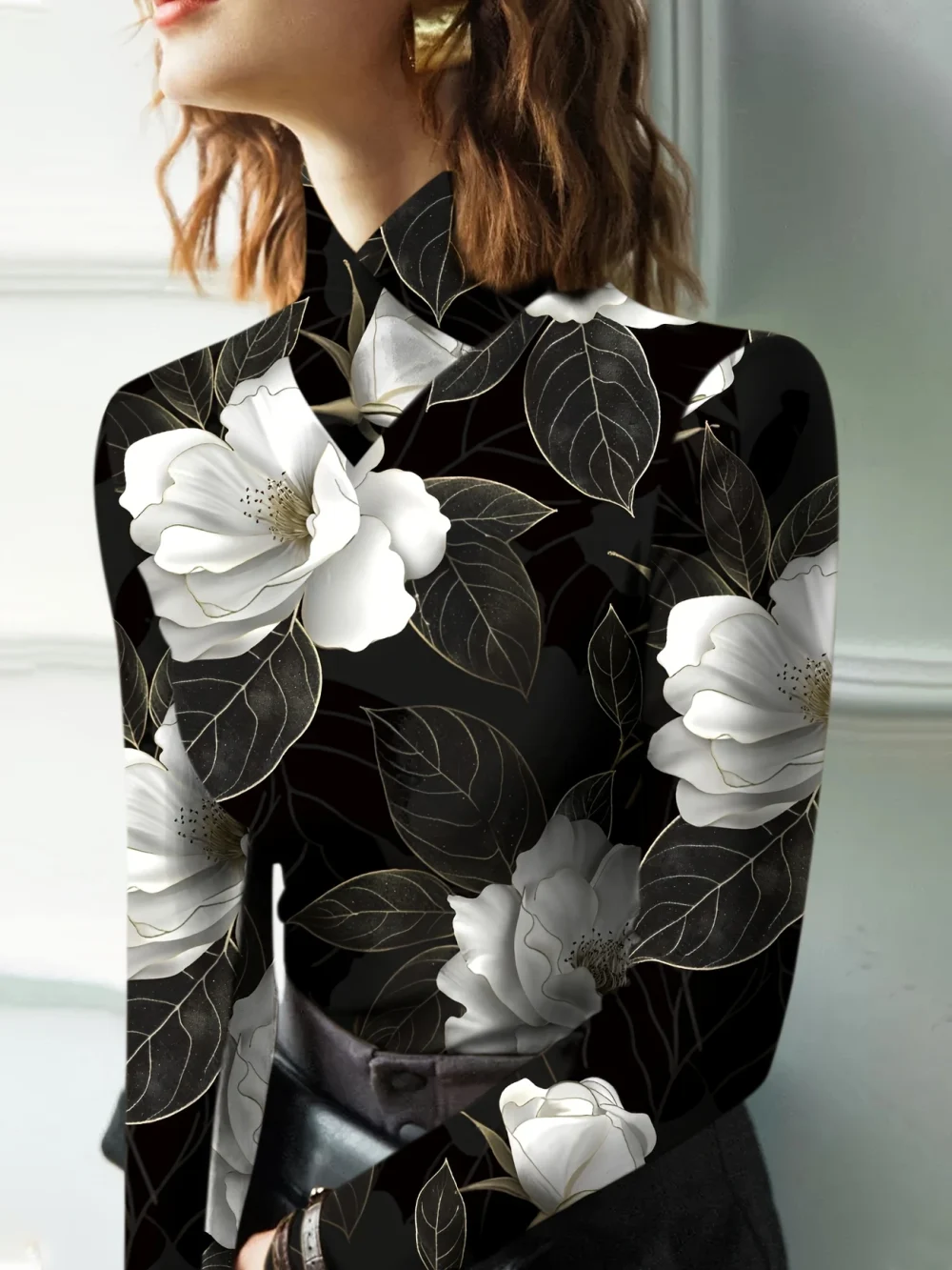 Áo thun tay dài cổ cao in họa tiết - Thiết kế đen trắng sang trọng với điểm nhấn màu vàng, Polyester mềm mại, Có thể giặt bằng máy - Hoàn hảo cho mùa thu/đông - Hình ảnh 2