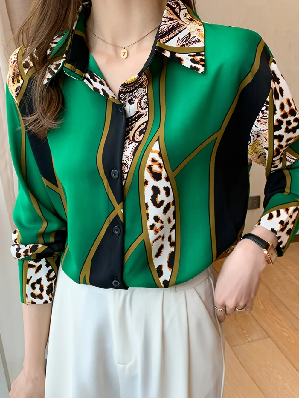 Áo sơ mi họa tiết da báo French Chic Color-Block dành cho nữ - Áo cánh dài tay tương phản màu đen và vàng mù tạt, áo cổ rộng 100% polyester cho trang phục thường ngày và trang trọng mùa xuân/thu, áo sơ mi họa tiết da báo