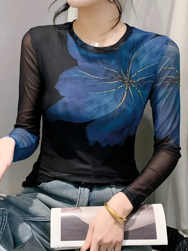 Ethereal Touch, Áo thun dài tay họa tiết hoa thanh lịch dành cho nữ - Chi tiết lưới hai lớp sang trọng, Cổ tròn, Vải co giãn, Có thể giặt bằng máy - XL