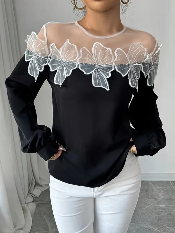 Áo trễ vai thanh lịch dành cho nữ, thiết kế khối màu có chi tiết lưới, Polyester và Elastane, vải dệt kim - Xuân/Thu - XL