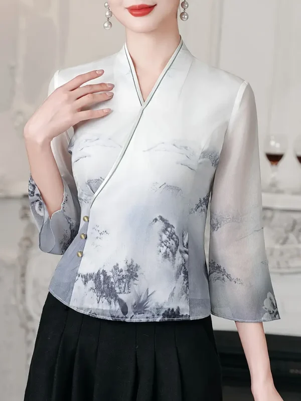 Áo khoác truyền thống cổ chữ V đơn giản dành cho nữ, áo khoác phong cách cổ xưa mực tàu Trung Quốc mới mùa xuân và mùa hè tay bảy điểm - L
